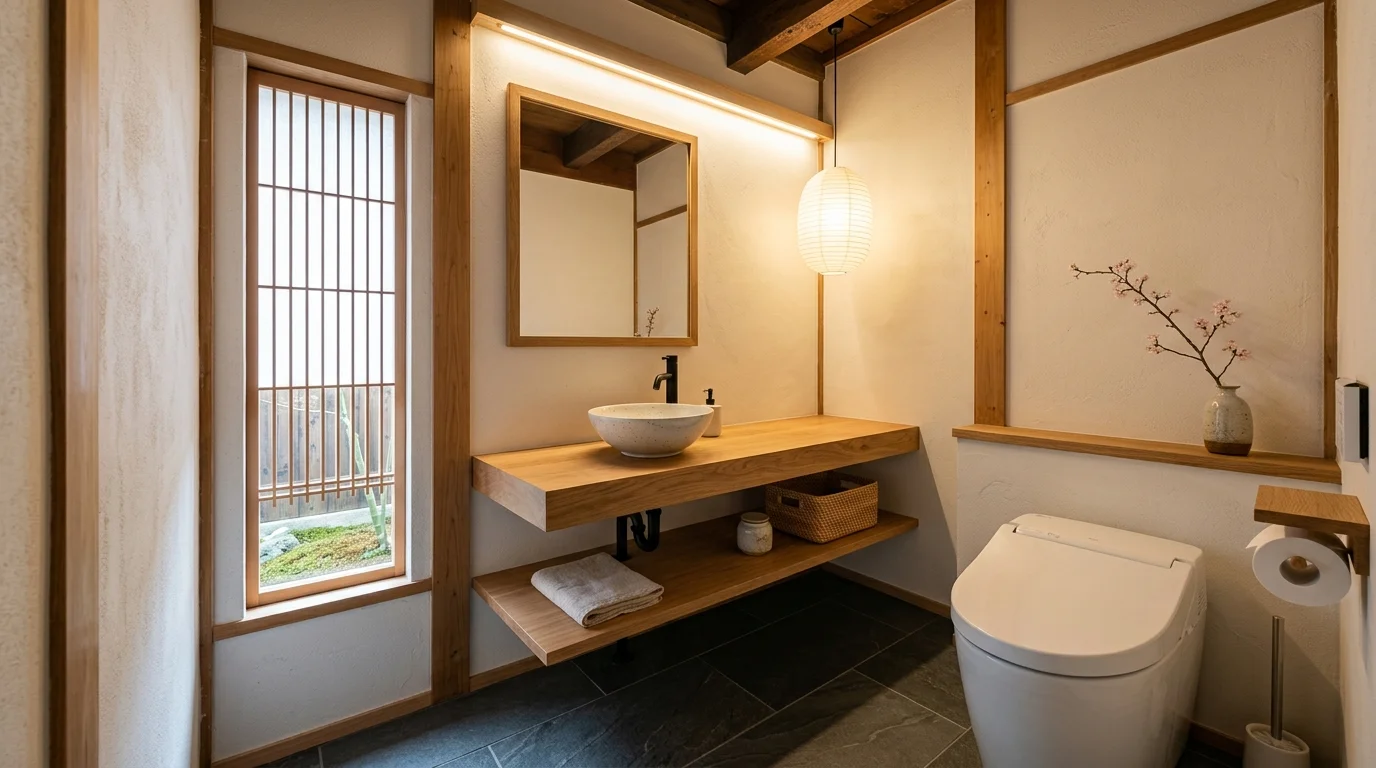 京都市右京区の和モダンな洋式トイレリフォーム施工事例（無垢材カウンターとタンクレストイレ）