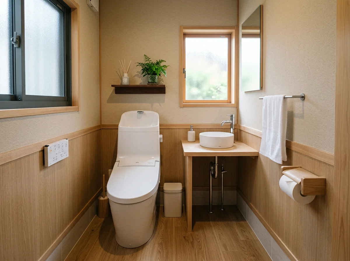 京都市 60代ご夫婦様 手洗いカウンターと木目腰壁で落ち着く和モダントイレリフォーム後